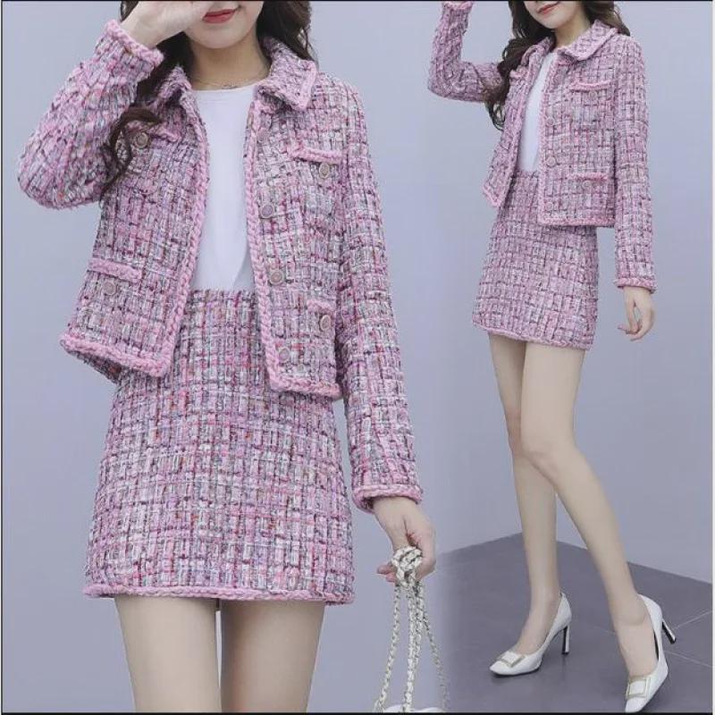 Autumn Korean Tweed Two-Piece Suit: Short Jacket & Skirt for Women In Chic Style