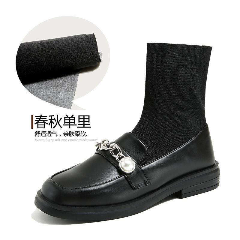 Металлические цепи Кожаные ботинки с эластичным трикотажным носком Botas Mujer 41-43 Большой размер Жемчужная отделка Челси Короткие женские ботинки
