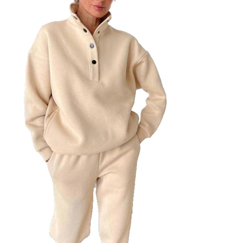 Весенне-осенний модный женский комплект худи с воротником на пуговицах и свободных брюк