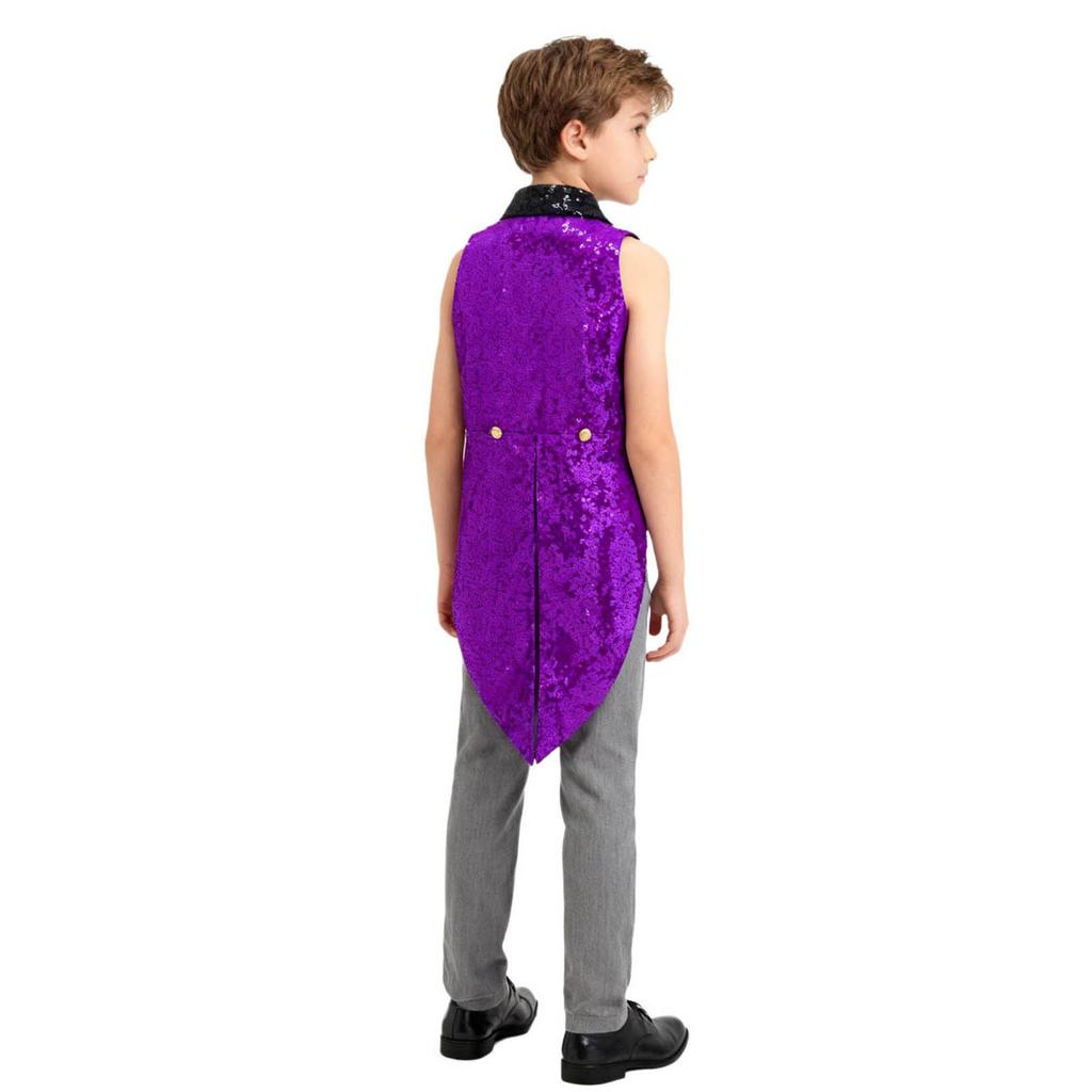 Boys Sparkly Sequins Medieval Vest Front Zip Victorian Waistcoat Circus Tailcoat Halloween Costume