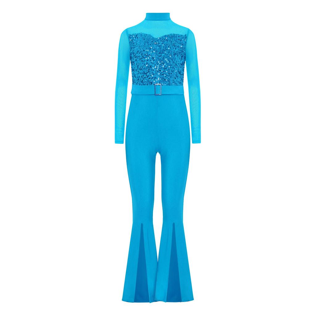 Костюм для джазового танца для девочек, комбинезон с длинными рукавами и вырезом на спине из прозрачной сетки, расширяющийся книзу, с пайетками