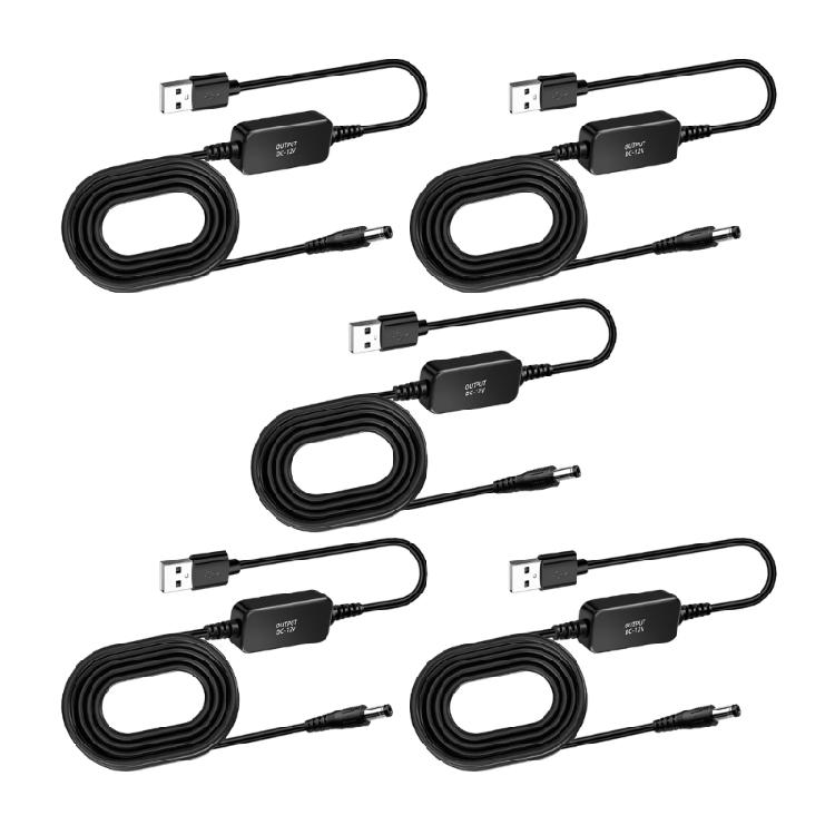 Кабель-адаптер питания USB 5 В в 12 В с черной ПВХ оболочкой и встроенным модулем для совместимого маломощного электронного оборудования