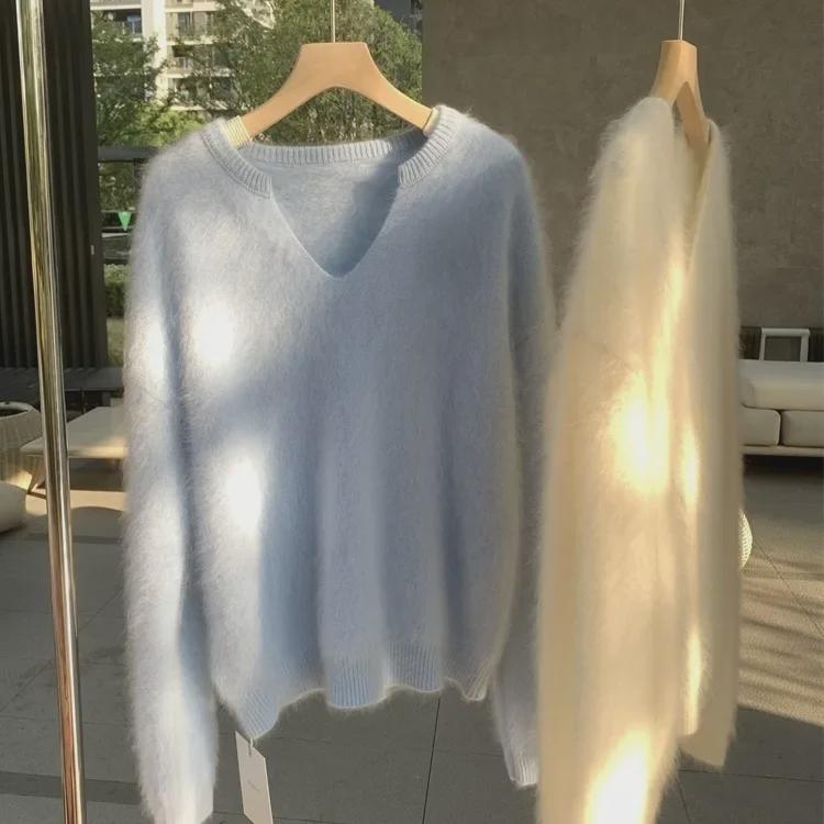 Женский свитер из желтого мохера Goose Mohair на осень и зиму - мягкий, высококачественный флис норки, уютный ленивый стиль