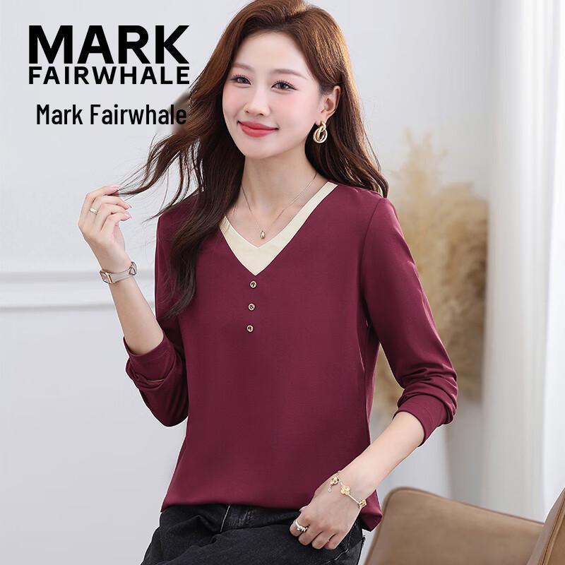 MARK FAIRWHALE Women's V-Neck Long Sleeve Faux-Layer T-Shirt
