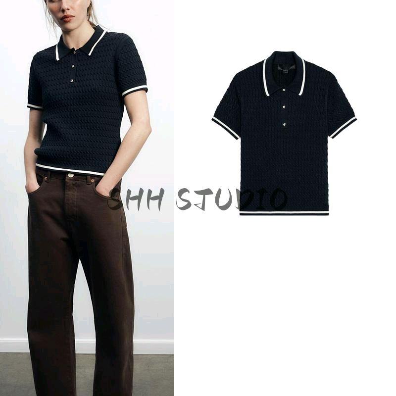 Spring New Women's Clothing Fashion Style Contrast Color Trim Short Sleeve Polo Shirt Collar Sweater Tops 6771054