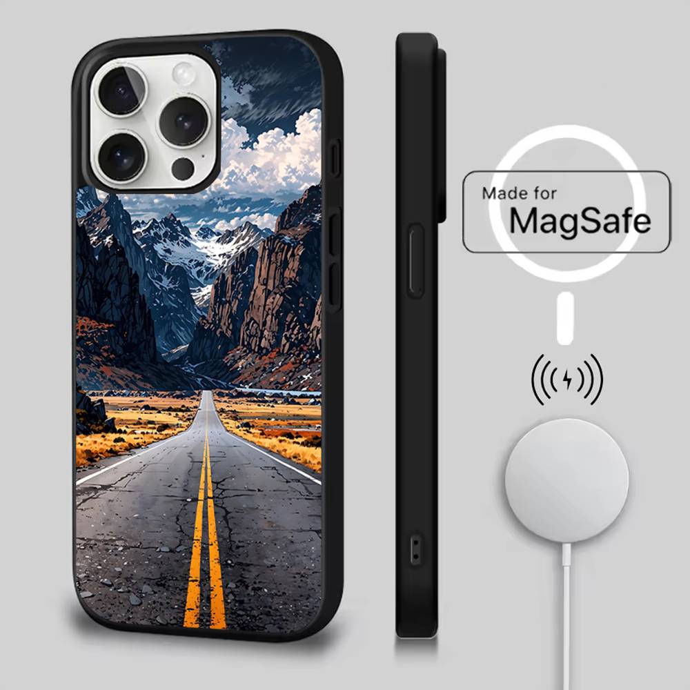 Snow Mountain Road Landscape Case For iPhone 17,16,15,14,13,12,11,Pro,Max,Plus,Mini,SE4,E Magnetic Magsafe Wireless Charging