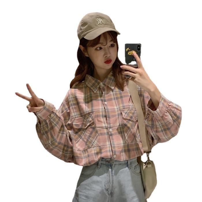 Новая маленькая свежая клетчатая рубашка женская студенческая корейская версия свободная весна и осень универсальный дизайн Sense длинный рукав поло пальто женское