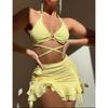 Sexy Solid Color Bikini Women Solid Halter Ring Linked Criss Cross Cover Up 3 Piece Swimsuit Bathing Suit Ruffles Skirt Swimwear