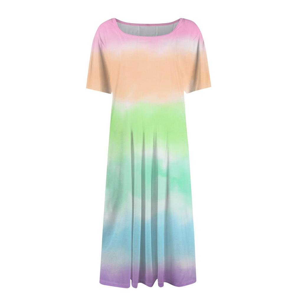 Ladies Casual Fashion Round Neck Short Sleeve Mid-Length Gradient Dress