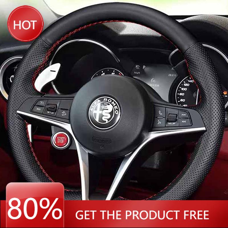 Hub Caps Hand-stitched High-quality Non-slip Black Genuine Leather Car Steering Wheel Cover For Alfa Romeo Giulia Stelvio 2015-2 zw3