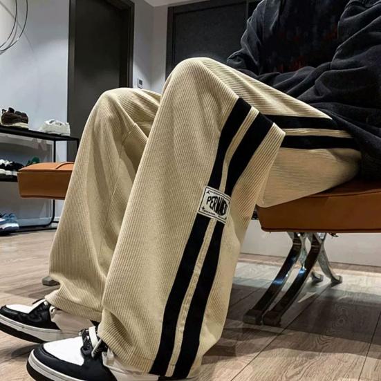 Men Pants Drawstring Elastic Waist Wide Leg Striped Retro Solid Color High Street Full Length Loose Soft Breathable Men Sweatpants Trousers