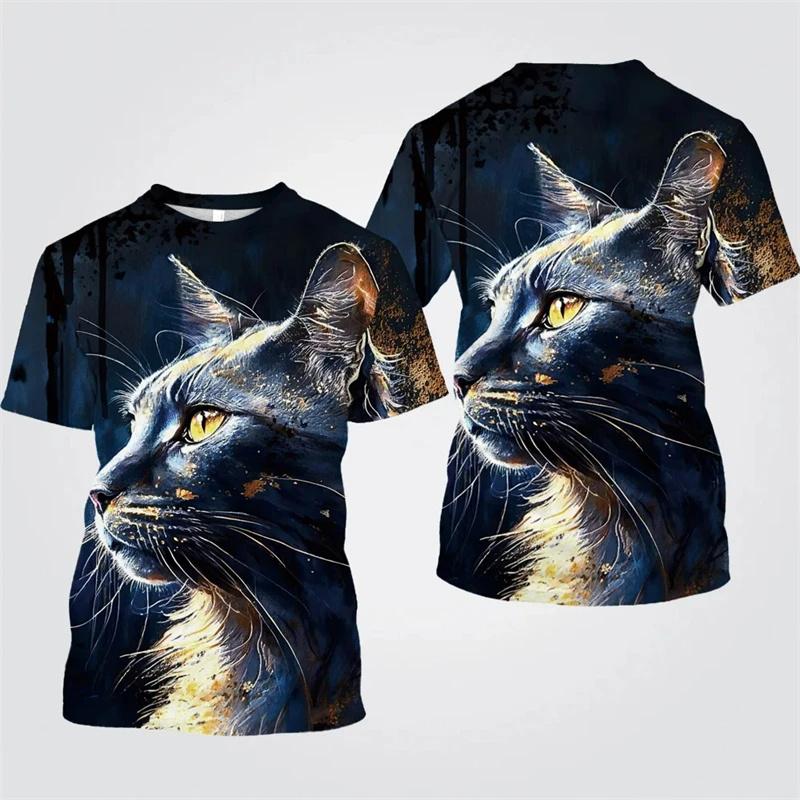 Цветная футболка с рисунком кота для мужчин Футболки с 3D-принтом животных Летние повседневные модные свободные футболки с круглым вырезом большого размера Топы