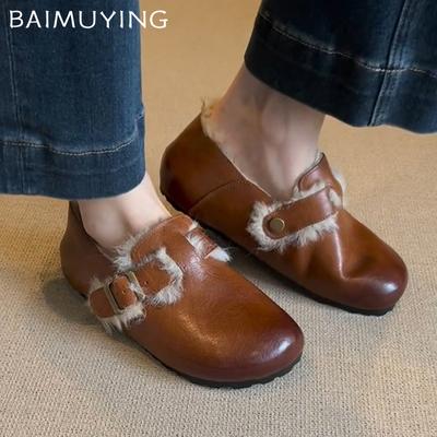 Меховые балетки женские хлопковые туфли кожаные короткие плюшевые дизайнерские повседневные туфли с пряжкой 2025 года тренд зимние теплые прогулочные женские туфли Zapatillas