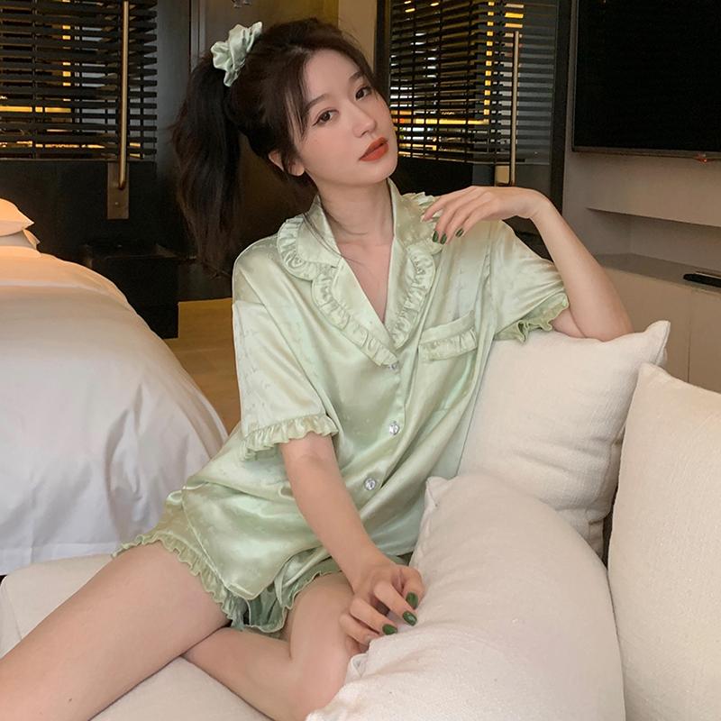 Летняя новинка, женская милая атласная шелковая пижама с цветочным принтом, короткий рукав + брюки, женская шелковая милая домашняя одежда, повседневная одежда