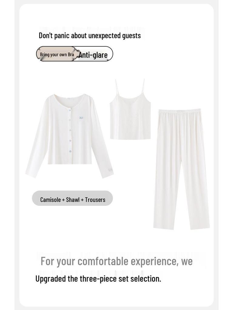 Women's Antibacterial U-Knit Pajama Set: Camisole, Long Sleeve Top, Long Pants - Spring & Autumn Casual Homewear 3-Piece