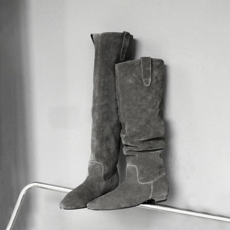 Версия из овчины~ ретро плоские сапоги женские кожаные матовые с широким голенищем плиссированные сапоги с ворсом облегающие универсальные сапоги-рыцари.