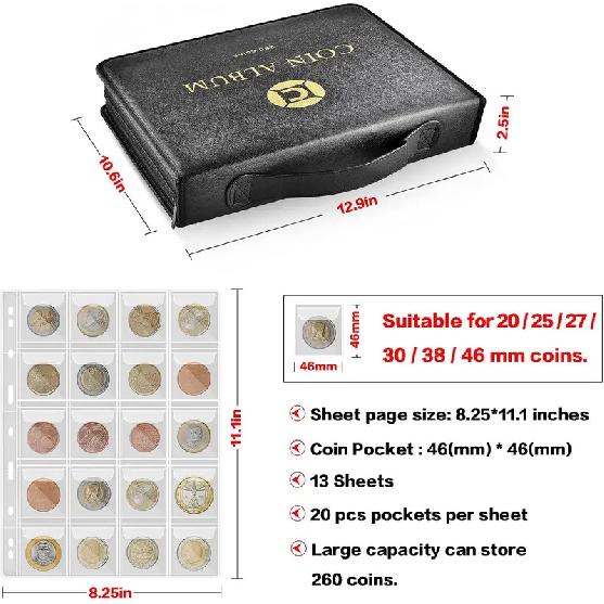 Coin Collection Book Holder for Collectors, 260 Pockets Coins Collecting Album with Zipper and Handle. Coin Display Storage bag
