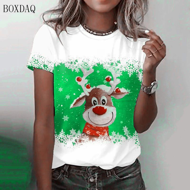 Short Sleeve Christmas Deer Pattern Women Street T-Shirts Oversized O-Neck 3d Printed Christmas Festival Ladies Casual Tops