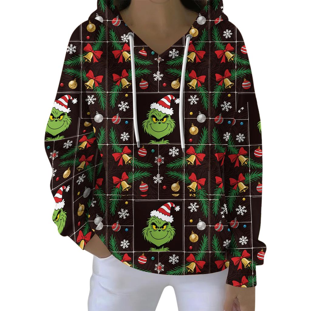 Ladies' Loose And Comfortable Drawstring V-neck Long Sleeved Christmas Printed Sweatshirt