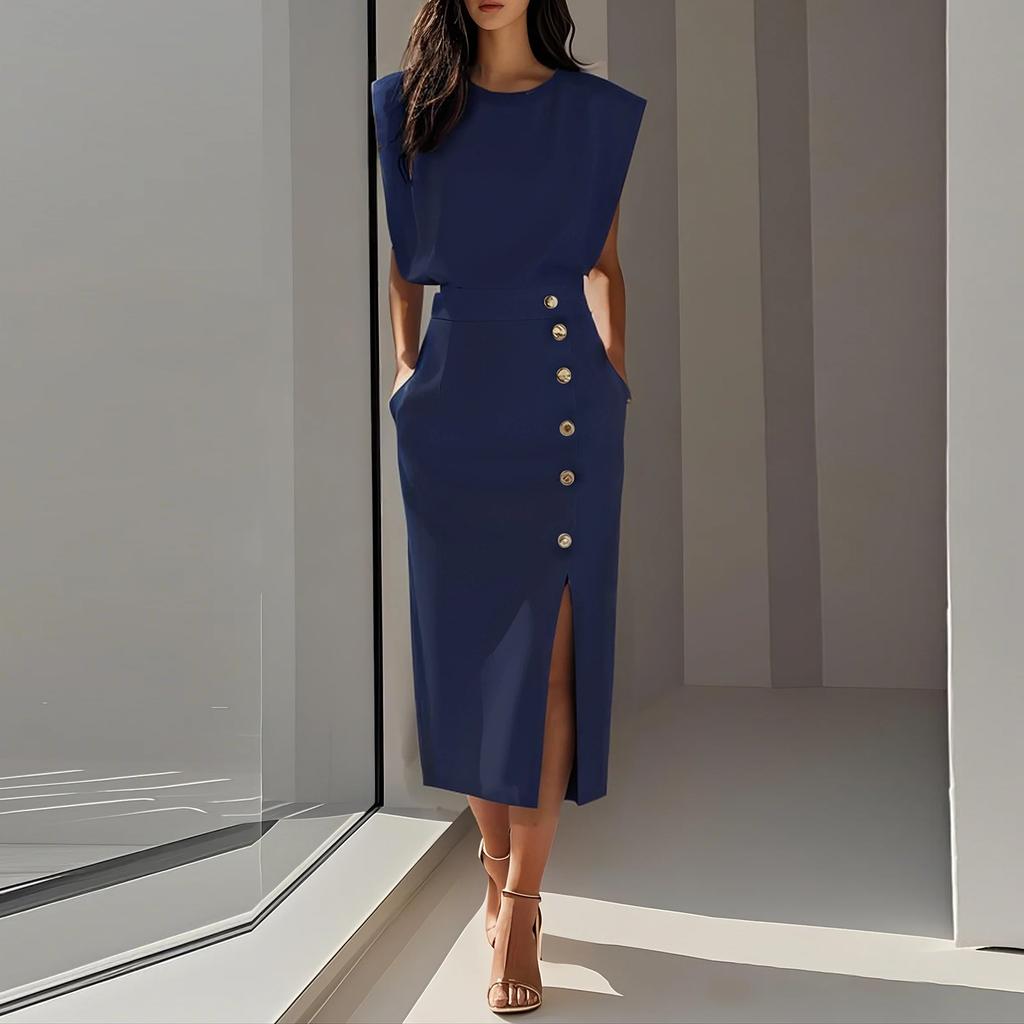 Women's Fashion Fashion Style Solid Color Round Neck Waist Split Metal Buttons Dresses