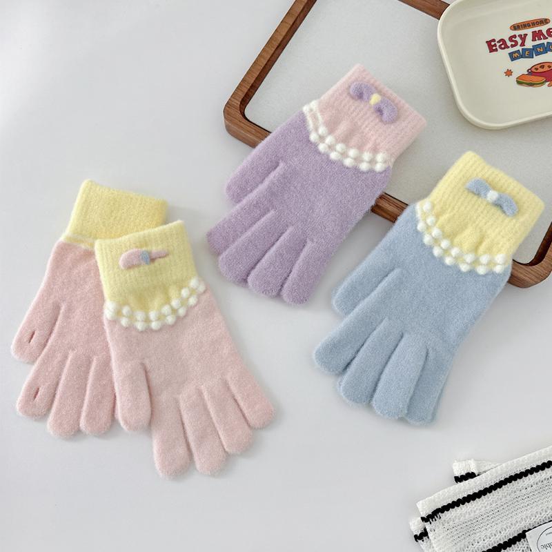 2025 Cute Bow Knitted Plush Gloves Autumn And Winter Warm Five-finger Cute Student Winter Gloves