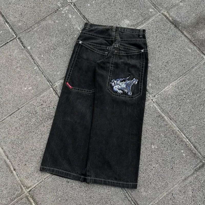 Mens Y2K Harajuku Hip Hop Streetwear Loose Fit Black Denim Jeans With Cartoon Embroidery