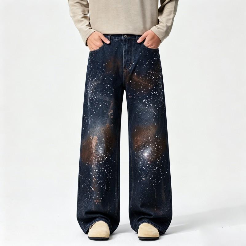 Mens Vintage Americana Starry Sky Gradient Paint-Splatter Wide-Leg Tapered Jeans Low-Rise Straight Cut