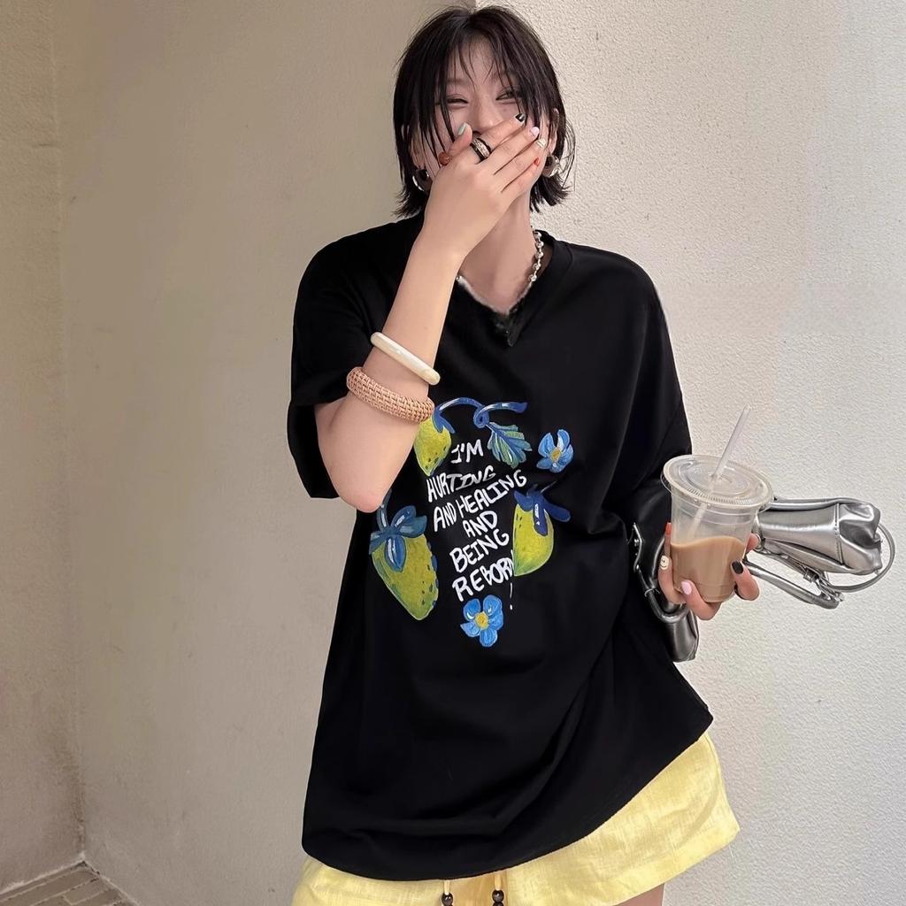 2025 Summer Pure Cotton Casual Oversized T Shirt Women's Streetwear Harajuku Large Size Funny Cartoon Print Short Sleeve T-shirts for Women Y2k Tops