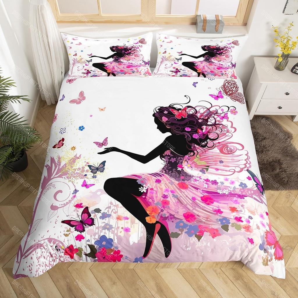Girl Butterfly Duvet Cover Set Beautiful Fairy Butterflies Single Bedding Set Flower Fairy Fantasy Queen Comforter Cover 2_3 Pc