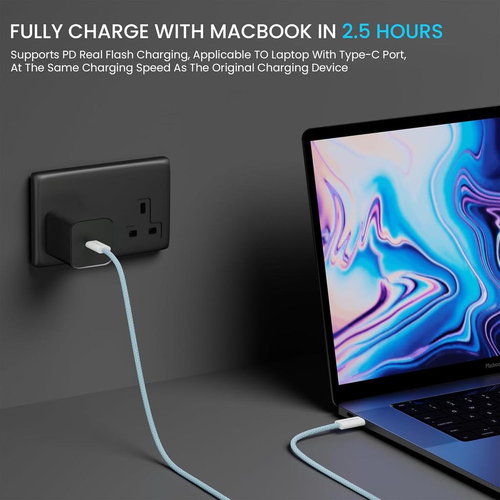 Кабель HAMMER Type C - Type C, 65 Вт, плетеный, быстрая зарядка PD, синхронизация данных, неспутывающийся провод длиной 1,5 метра, совместим со всеми устройствами с поддержкой C-Type (синий)