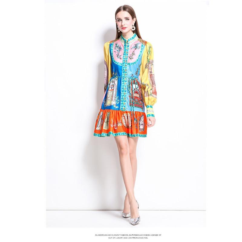 Лето Осень Женщины Винтажный Принт Дизайнер Подиумное Платье Фонарики Рукава Мини Короткие Праздничные Платья Для Вечеринок