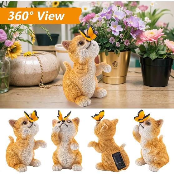 OWANVION Solar Cat Garden Statue, Resin Outdoor Statues with Butterfly Changing Light, Yard Art Lawn Ornaments for Patio Balcony Home Decor, Birthday