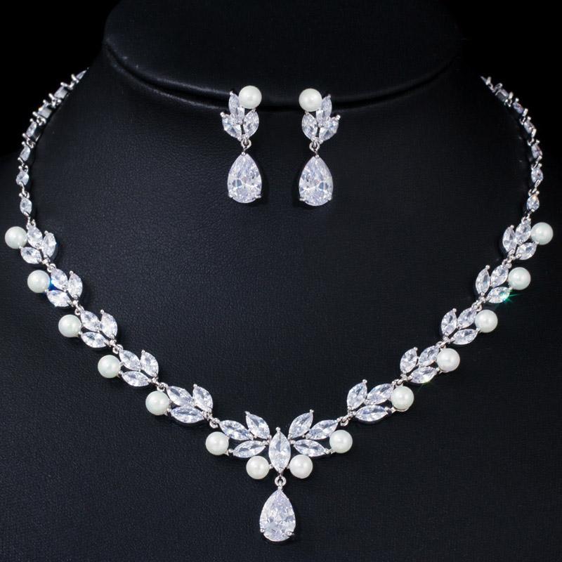 CMM Cubic Zirconia Paved Leaf Flower Drop Artificial Pearl Party Necklace Earrings Jewelry Sets for Women