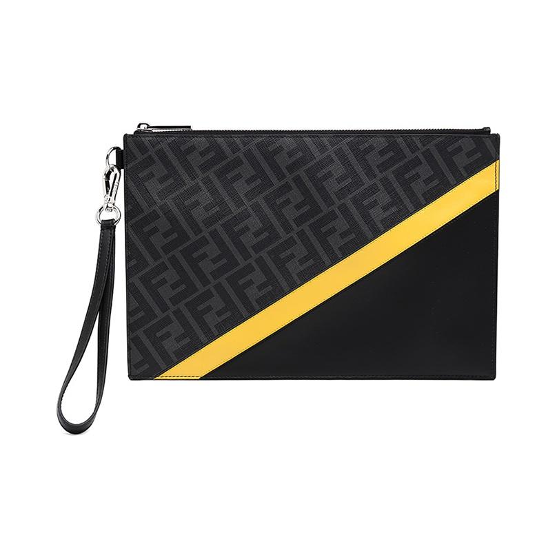 Fendi Монограмма Логотип Узор FF Цветовые блоки Полосатый Покрытый Браслет-кошелек Холст и Кожа Клатч Мужской клатч Черный Серый Желтый 7N0110-A9XS-F0R2A