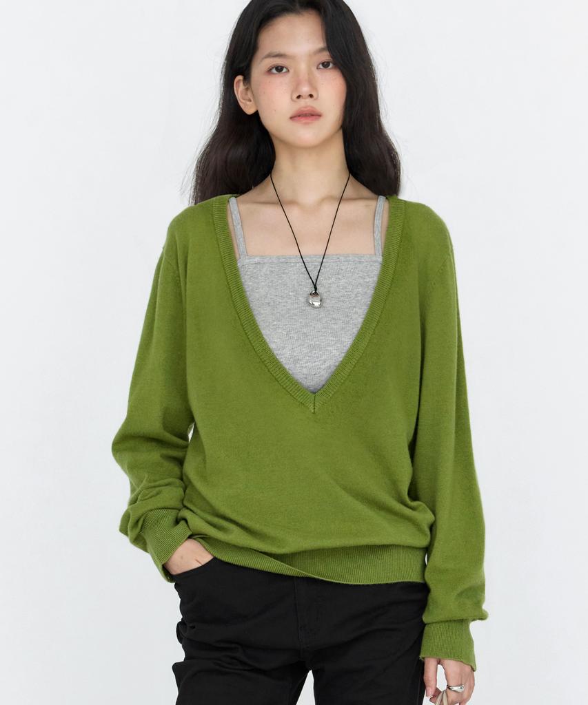 MONGDOL Wool Cashmere Deep V-Neck Knit Top Olive Green Mdkt138Ogreen