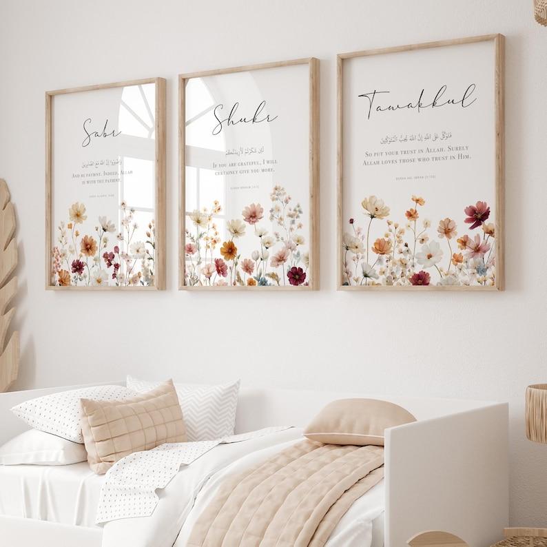 3pcs/set Flowers Plants Islamic Qur'an Verses Canvas Print Muslim Arabic Calligraphy Wall Art Poster for Eid Al-Fitr Home Decor
