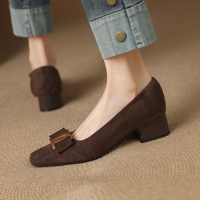 Новые удобные замшевые туфли-лодочки женские, закрывающие ногу, на одном педале, повседневные, однотонные, с квадратным носком, на среднем каблуке, больших размеров, на квадратном каблуке, туфли-лодочки