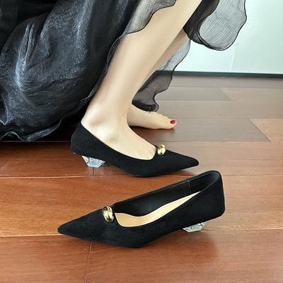 Французские замшевые туфли-лодочки с острым носком, открытым вырезом и высоким каблуком, женские, новые, темпераментные, универсальные, на маленьком хрустальном каблуке-золотой фасолине, женские