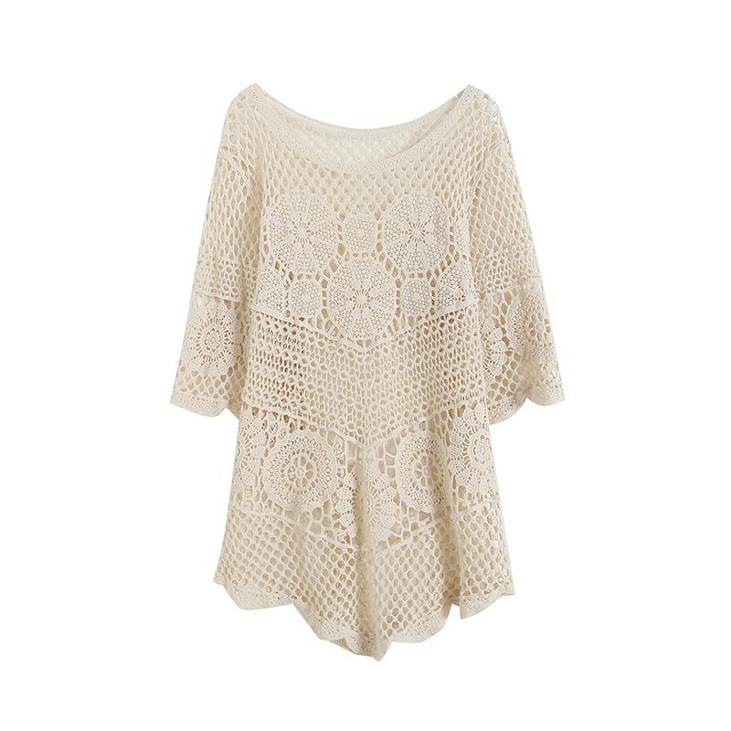 Dimanaf Новинка 2024 года, женская трикотажная кружевная Длинная пляжная праздничная футболка с v-образным вырезом и полой летучей мышью, летние стильные базовые топы, футболки, свободная одежда