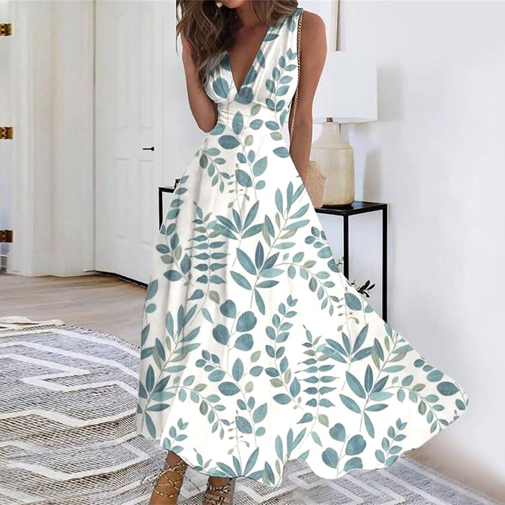 Женское длинное платье Платье макси Повседневное платье Летнее повседневное платье без рукавов с v-образным вырезом в стиле бохо с талией и принтом