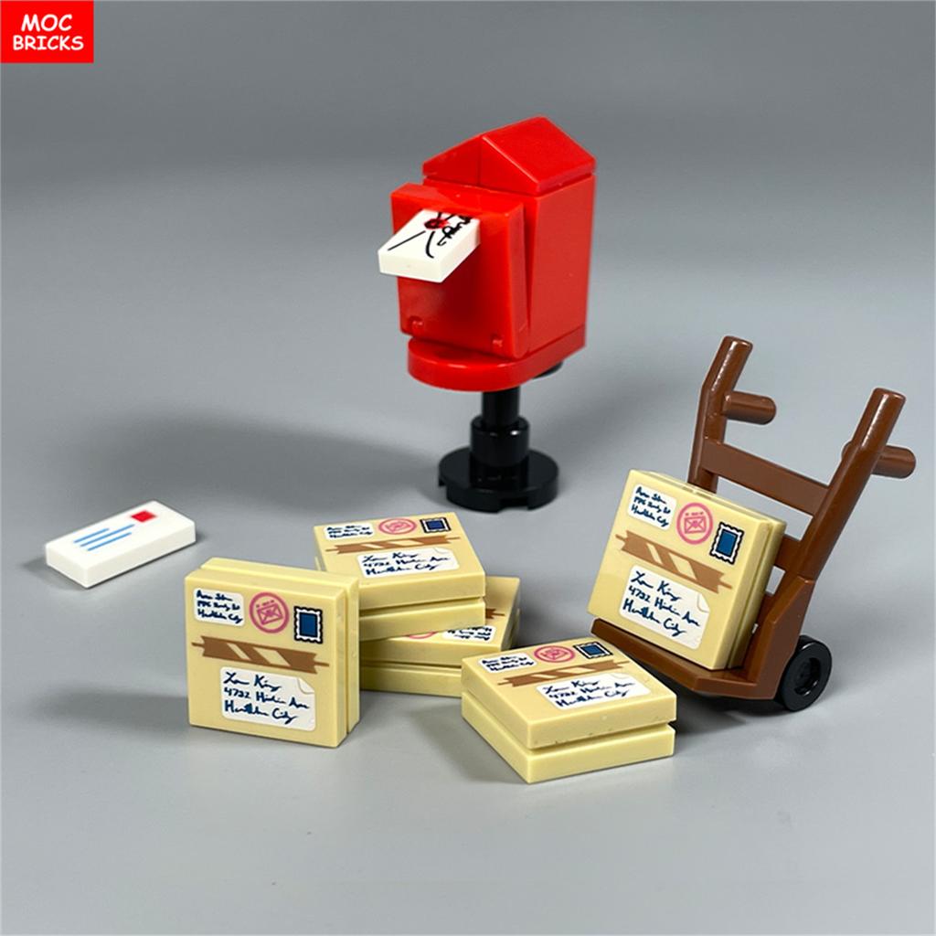 MOC Bricks Courier Delivers Presents Printed Gift Box Packages Newspaper Disc Mailbox Scooter Building Blocks Children's Toys
