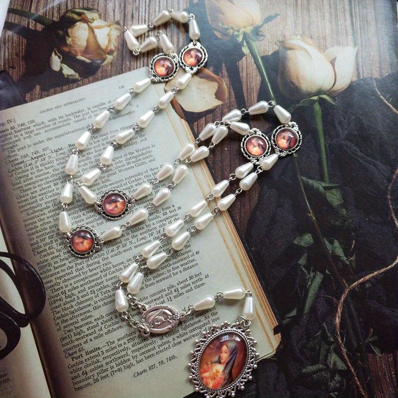 Seven Sorrow White Plastic Rosary Necklace Virgin Pendant for Men Women Religious Jewelry Rosary Necklace