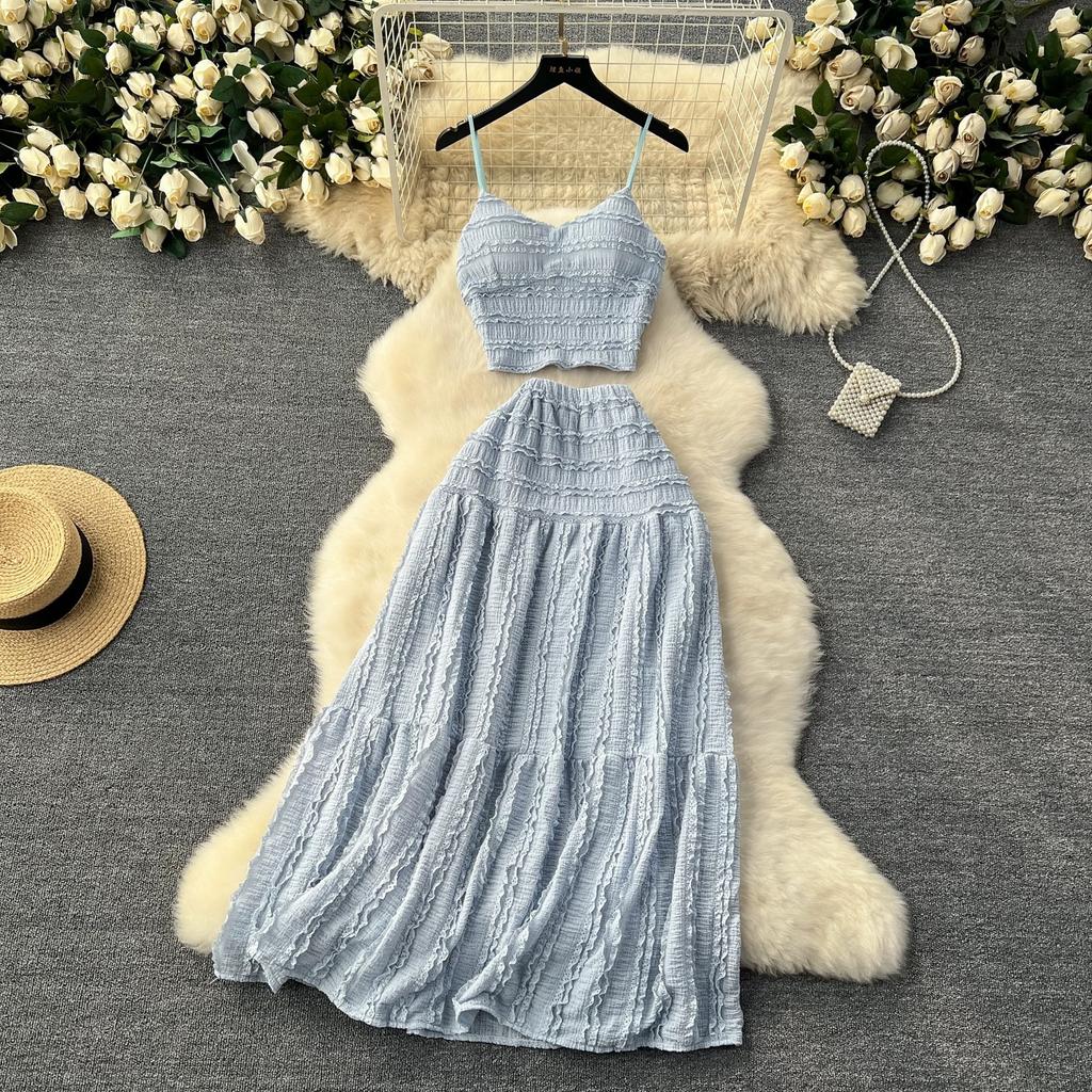 Summer Lace Patchwork Beach Two Pieces Sets Women Sexy Camisole+A Line Long Skirt Fashion Elastic Bohemian Suits