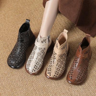 GKTINOO 2025 Летние ботильоны из натуральной кожи Женская обувь Сандалии на низком каблуке Ботинки на боковой молнии Вырезы Дышащие Mujer Zapatos