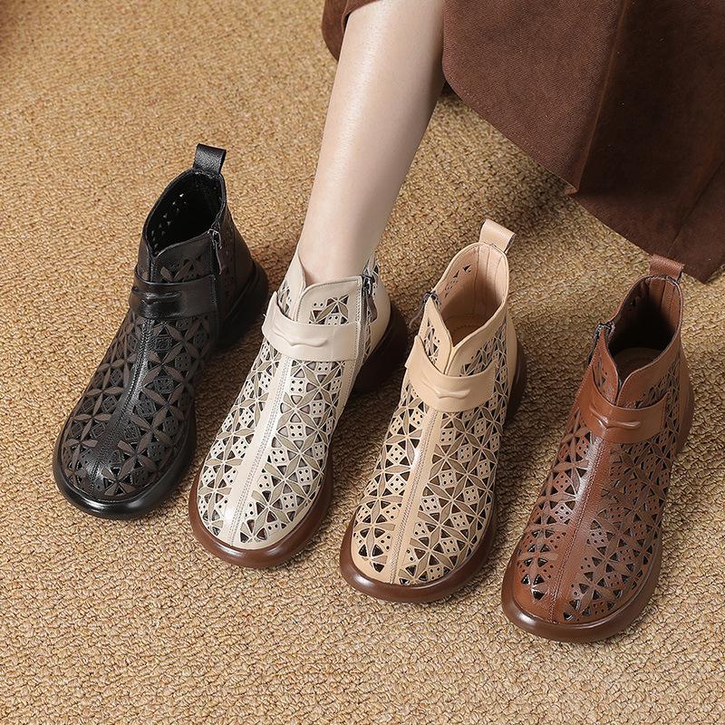 Модные летние ботильоны GKTINOO 2025, обувь из натуральной кожи, женские сандалии на низком каблуке, ботинки на боковой молнии с вырезами, дышащие, Mujer Zapatos