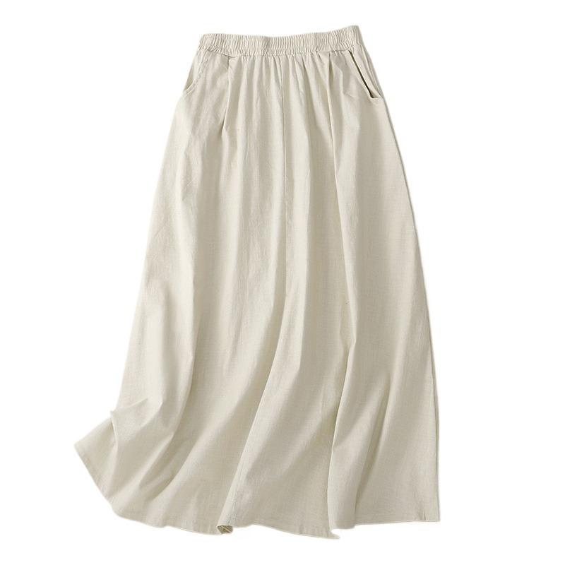 Настоящее лето, новый большой размер, литературная стирка, хлопок и лен, эластичная резинка на талии, повседневная и тонкая, средняя и длинная юбка для женщин