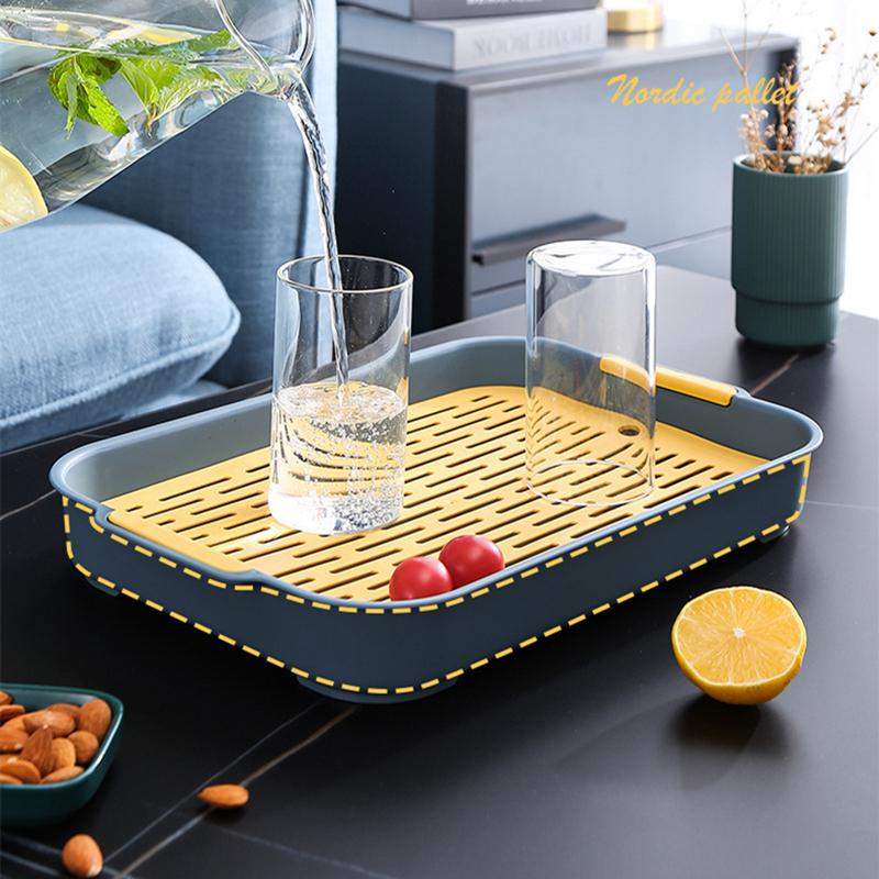 Nordic Double Layer Food Storage Tray Rectangular Draining Pan Food Grade PP Kitchen Tableware Drain Tray Tea Tray