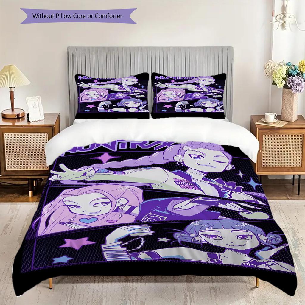 Kpop Demon Hunter Squad Three-piece set (1 * duvet cover + 2 * pillowcase, without core) 2D Flat Christmas birthday gift Duvet cover and pillowcase
