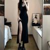 Black Sleeveless Strap Dress Women Sexy Slim Fit Side Slit Irregular Maxi Dress Woman Summer Korean Simple One Piece Dresses