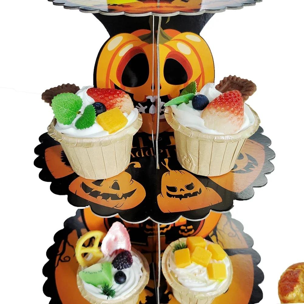 1 шт. Хэллоуинская башня для десертов, жуткое лицо, тыква-паук, 3-уровневая подставка для кексов, колпак ведьмы, бумажная подставка, жуткий праздник